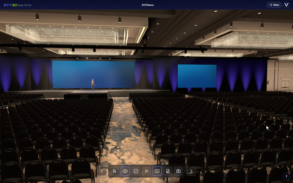 Chair View in a ballroom: the cursor holds a chair, the view drops to that seat, looks around the room, then moves to a seat in the front row.