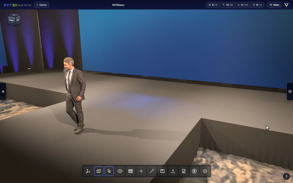 The EVT3D library open on the Cort folder: a search for chairs, the white Cort Lena chair placed on the stage, then cloned three times into a panel discussion arc.